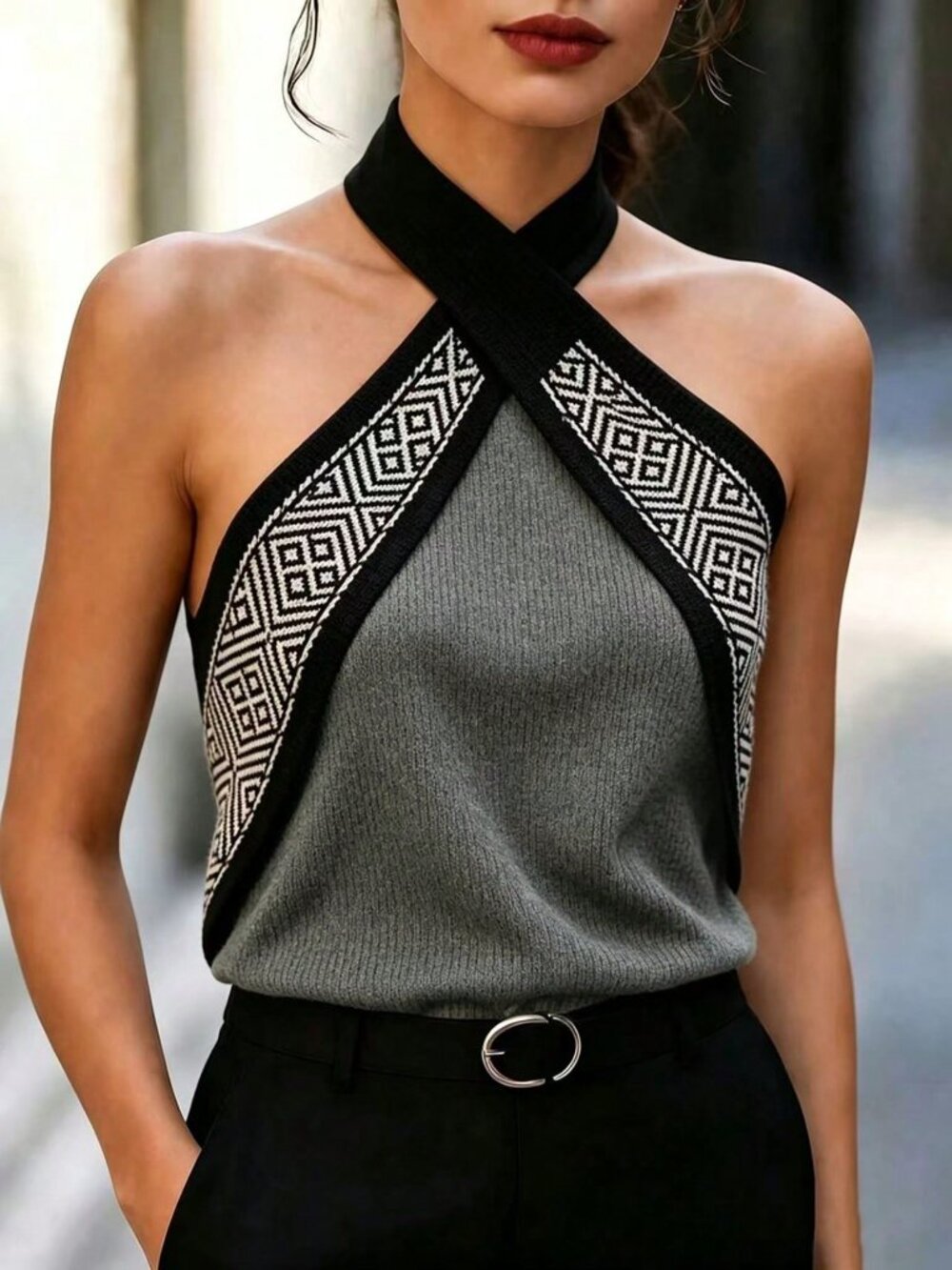 Multicolor Casual Women's Geometric Pattern Halter Neck Knit Top